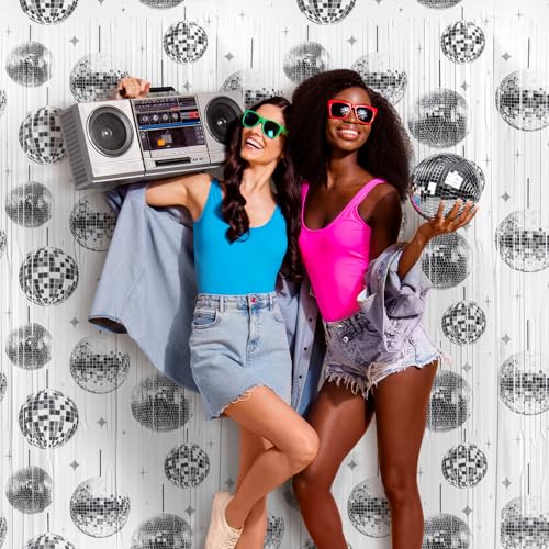 Image of 3 Pack Disco Party Decorations Disco Ball Backdrop Tinsel Foil Fringe Curtains Bachelorette Party Decor 3.3 x 6.6 ft Glitter Photo Booth Props for 70s 80s Hip Hop Birthday Supplies