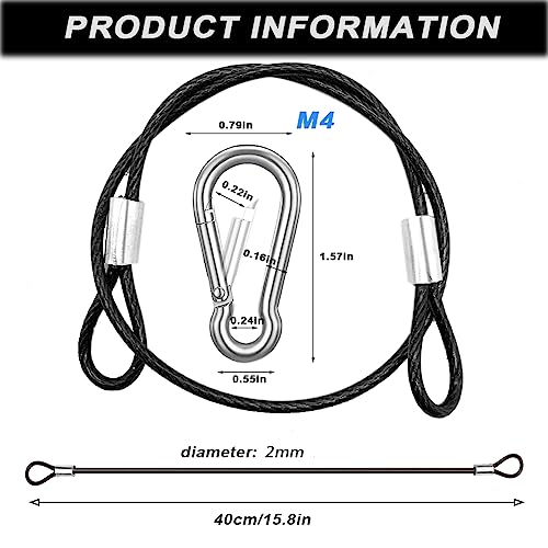 CKANDAY 10 Stück 40cm Edelstahl Kabelbinder mit 4 Federkarabiner, Stahldrahtseil mit Schnallen, Vinylbeschichtung, kurze Befestigungsketten, Schwarz