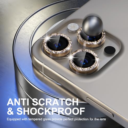 Image of Choiche Compatible for iPhone 15 Pro /iPhone 15 Pro Max Camera Lens Protector Bling, 9H Tempered Glass Camera Cover Screen Protector Metal Ring Decoration Accessories (Glitter-Gold)