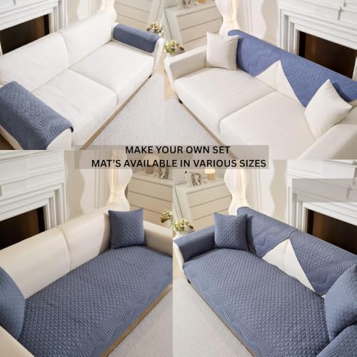 Image of HOMETHREADS Premium Cotton Sofa Cover Mat with PVC Backing for Non-Slip Comfort (Blue, 1 Seater Large| 70x90cm)