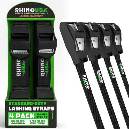 Rhino USA Lashing Straps (4-Pack), Heavy Duty Cam Buckle Tie Down Straps, 1in x 12ft Pull Straps, 1320lb Break Strength, Roof Rack Straps for Kayak, Cooler, Cargo