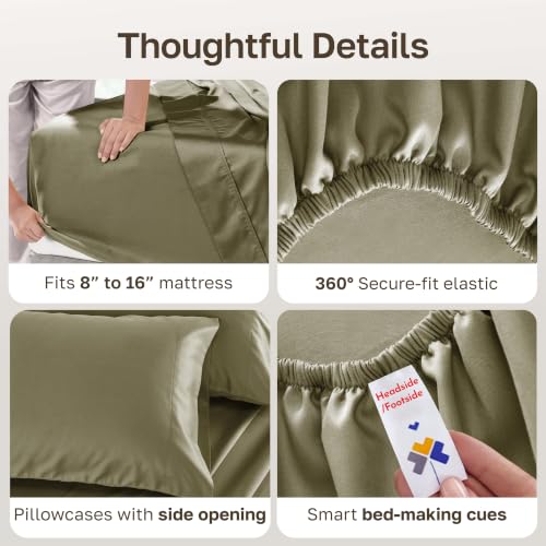 Image of California Design Den 100% Cotton Sateen Full Size Bed Sheets Set, 4 Pcs | Soft 500 Thread Count Backed by Good Housekeeping Seal, 16 inch Deep Pocket, All-Around Elastic, Easy Care - Pamelo Olive