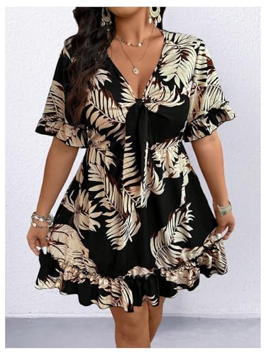 Women's Plus Size Tropical Dress Ruffle Flowy Boho V Neck Short Sleeve Knot Front Summer Vacation Dresses3