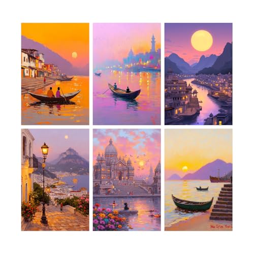 Image of SiddArtify Sunset Cityscape Wall Art Poster Print Set - Impressionist Boat & Building Decor for Living Room Bedroom Office - 12x18 inch Board Pack of 6