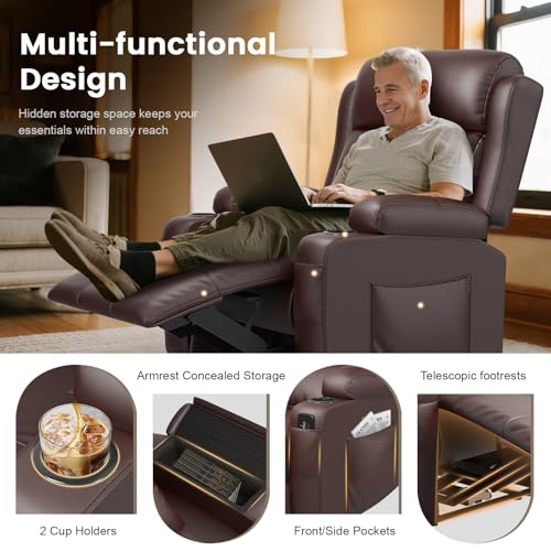 Image of Home Theater Seating, Power Recliner Sofa Chair with Massage & Heat, Wall Hugger Reclining Single Chairs with USB, RV Furniture with LED Lights, Cup Holders for Movie Theater & Gaming Room