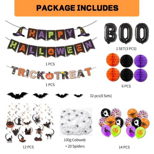 PWFNEW 46Pcs Halloween Party Decorations Set with Banners Balloons & Bats | 32 bat stickers with glue dots, 12 double-sided swirls and paper pom poms for indoor and outdoor party displays - image 5