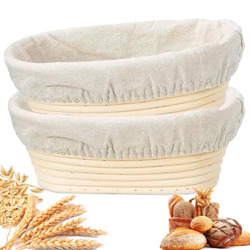 2 Stück Oval Gärkörbchen Set mit Leinenstoff Einlage 25 x 15 x 8cm Brotbacken Gärkorb Natürlichem Rattan Sauerteig Gärkörbe Brot Backzubehör für Heim- und Professionelle Backen Hobbybäcker