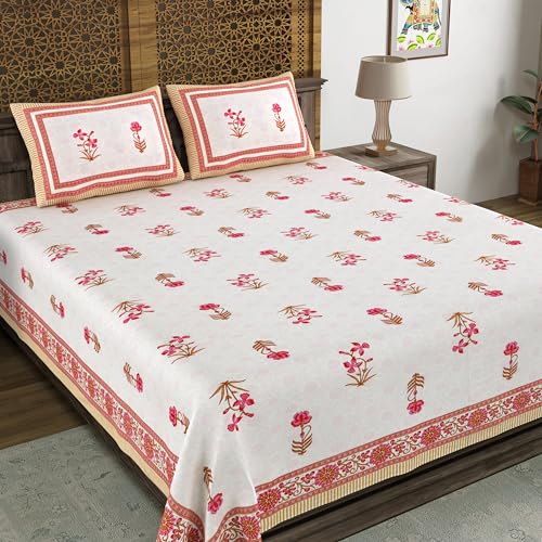 Image of BLOCKS OF INDIA Hand Block Printed 200 TC Cotton King Size Bedsheet (Pink Peach Flower)