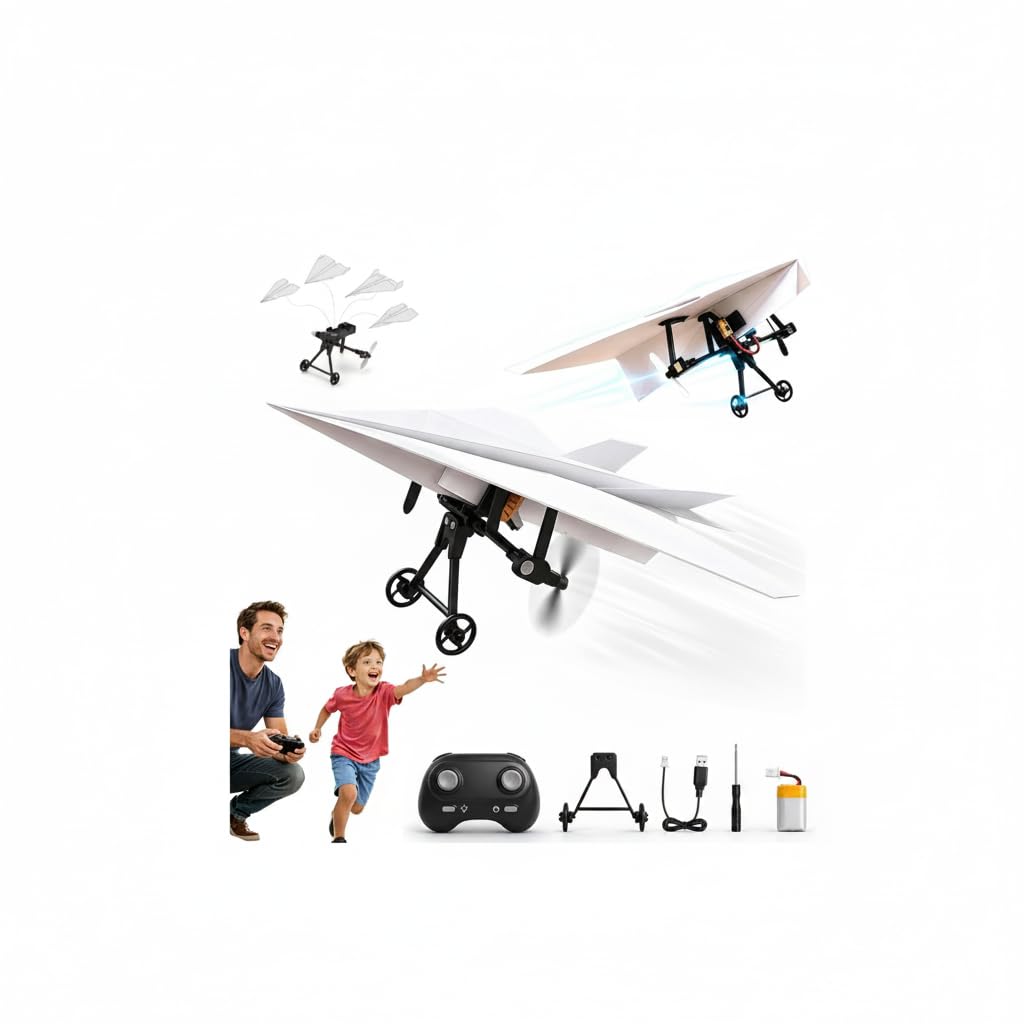 Rc Paper Airplane Kit with Gyro Stabilizer –DIY Electric Remote Control Plane with Dual Propellers,Lightweight Foldable Flying Stem Toy,Micro Fixed Wing Drone Glider Toy for Hobbyists Beginner Flyers