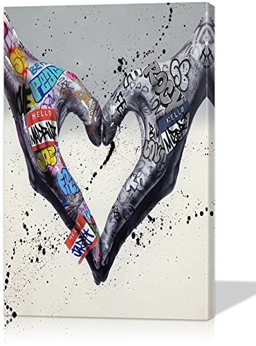 Colorful Graffiti Wall Art - Hand Heart Gesture Canvas Pop Street Art Poster for Room Decor (16''Wx24''H)