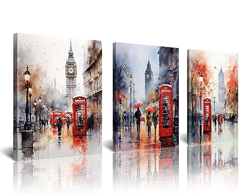 NAN Wind Vintage Poster Red Telephone Booth and Big Ben in London Street Wall Art Romantic City Landscape Paintings Pictures Print On Canvas City The Picture for Home Modern Decoration