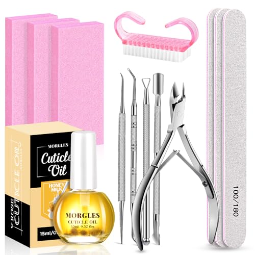 Nail File and Buffer with Cuticle Kit, MORGLES 3pcs Nail Files with 2pcs Nail Buffer Blocks, 5pcs Cuticle Trimmer Set, Milk and Honey Nail Cuticle Oil, Nail Care Kit for Women