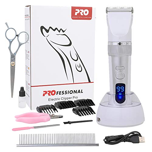 Yoport Professional Pet Hair Clipper,LCD Power Display Dog Trimmer Pet Grooming Tool Low Noise Rechargeable Cordless Cat and Dog Fader with 4 Combs, Pet Grooming Set