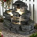HOMEDIARY 4-Tier Outdoor Water Fountain, 29.7" L Rustic Rock Waterfall Fountain with LED Lights, Stone Texture Floor-Standing Resin Water Feature with Realistic Moss Accents for Patio, Porch & Indoor