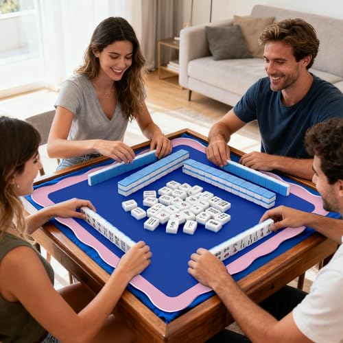 Tapete Mahjong con borde ondulado y bolsa azul y rosa miniatura 7