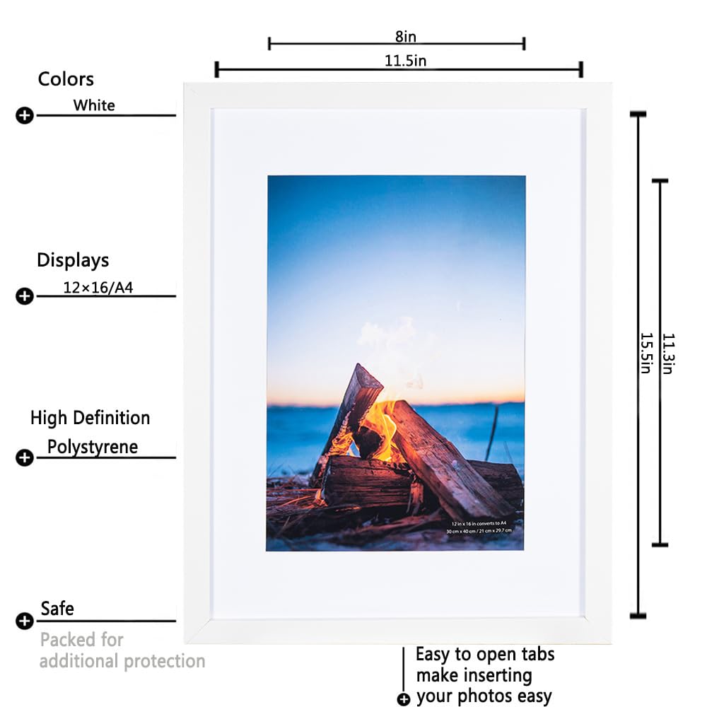 White Wooden Picture Frame 12x16 with Mount for A4 print, Set of 2, 12x16 Inch Frame - Image 4