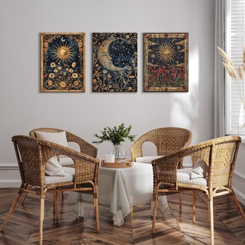 Dazzlewall 3er Set Vintage Boho Gothic Wandkunst, Sonne & Mond Tarotkarten Blüten Geheimnisvolle Okkulte Wandbilder für Schlafzimmer Wohnzimmer Mit Rahmen 30x40 cm