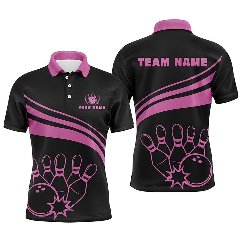 Schwarzes Männer & Frauen Bowling Trikot mit Polo & Viertelreißverschluss, Individuelles Team Jersey | Pink N6923