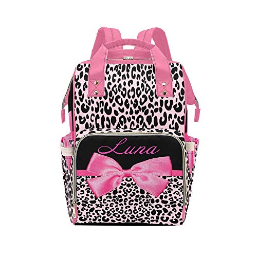 CUXWEOT Personalized Pink Leopard Diaper Bag Backpack with Name Custom Mommy Baby Bags Waterproof Travel Daypack for Woman Gifts