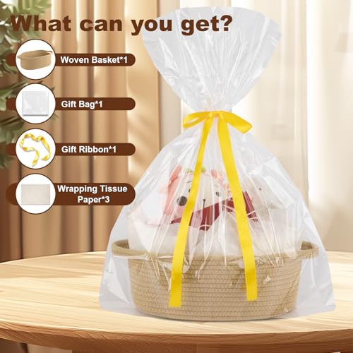 Image of OIAHOMY Gift Basket with Handle, Small Woven Basket with Gift Bag, Ribbon and Wrap Tissue Paper, Nursery Bins Empty to Fill with Small Items, Baby, Pet Toy Organizer - Yellow