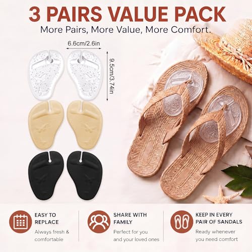 Image of Handepo 3 Pairs Apricot Black Clear Gel Pads for Thong Sandals Toe Protectors Metatarsal Forefoot Cushion Inserts Foot Pads Non Slip Cushion for Sandals Thong Post Protector