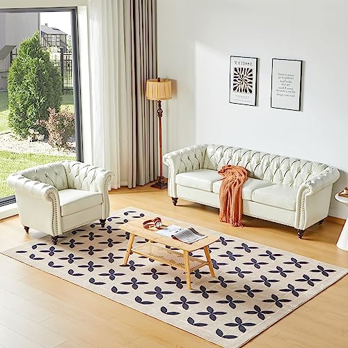 Image of QHITTY Accent Large Sofa, Chesterfield Couch 3 Seater Modern Leather Couch Upholstered Sofa with Tufted Back for Living Room Furniture (White)