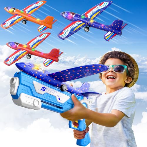 Doloowee 3 Avions Planeurs en Mousse, 2 Modes de vol, Jouets Volants d'extérieur avec Pistolet catapulte, Cadeaux pour garçons Filles de 4 5 6 7 8 9 10 11 12 Ans