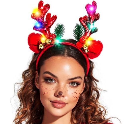 CAKURE Light Up Reindeer Antlers Headband Christmas Headbands Holiday Headwear Xmas Hair Accessories for Women (b-red, one size)