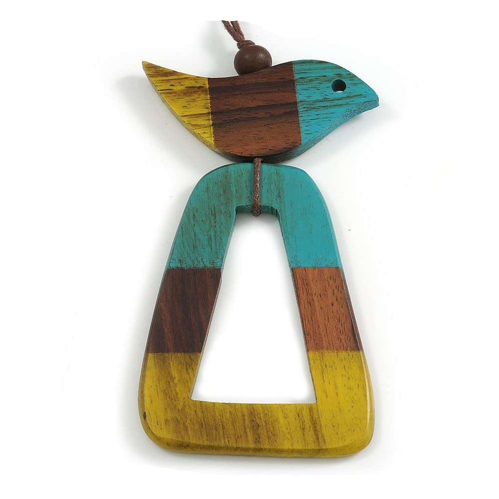 Avalaya Collana lunga con ciondolo a forma di uccello e cerchio, in corda di cotone, lunghezza 84 cm, ciondolo da 10 cm, colore: marrone/lilla