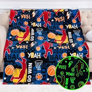 Glow in The Dark Basketball Blankets, Sport Throw Blanket Gifts Toys for Kids Boys, Soft Glowing Bed Blanket Room Decor Present for Girls Teenagers 2 3 4 5 6 7 8 9 10 Years Old, 60″x50″