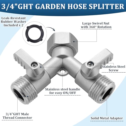 Garden Hose Splitter 2 Way Heavy Duty, 304 Stainless Steel 2Way Hose Splitter, 3/4 Inch Water Hose Splitter 2 Way, Full Flow Garden Hose Y Splitter(All Components are Stainless Steel)
