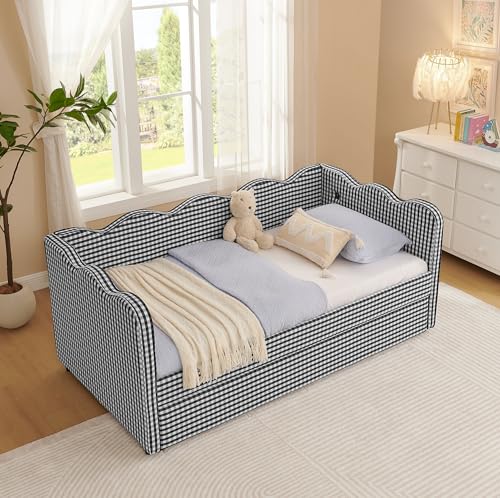 senfeii Daybed with Trundle, Black and White Gingham Pattern, Twin
