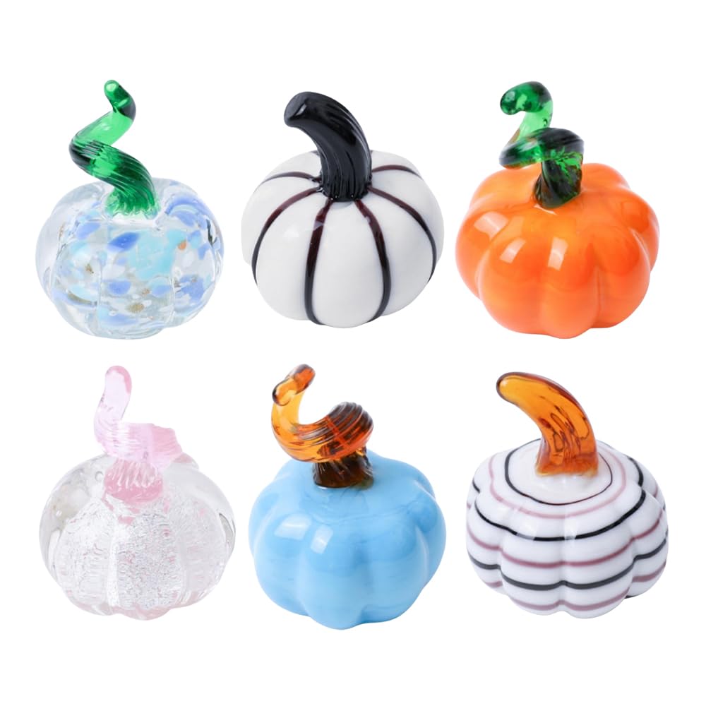 CCUUHJ 6pcs Blown Glass Pumpkin Figurines Table Accent for Fall & Harvest, Mini Crystal Halloween Pumpkin Art Decorations for Home Thanksgiving (Multicolor)