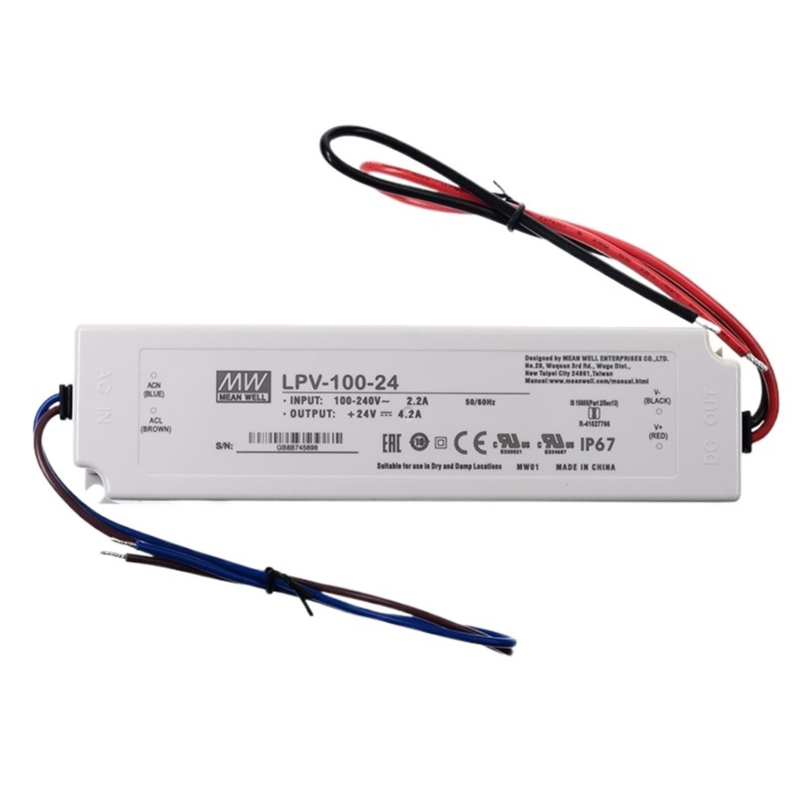 FCARUMIQP LPV-100-24 LED Driver 110/220VAC to 24V DC 4.2A 100W Waterproof IP67 Constant Voltage Switching Power Supply