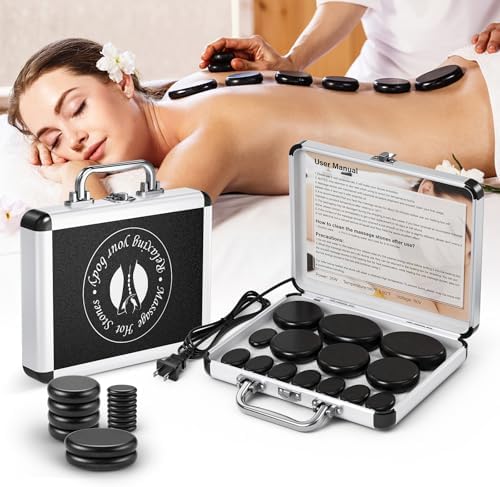 SLIMSTY Hot Stones Massage Set, 14Pcs Basalt Portable Stone Kit with Warmer, Professional Rocks for Home Spa Warming Therapy Relaxing Pain Relief