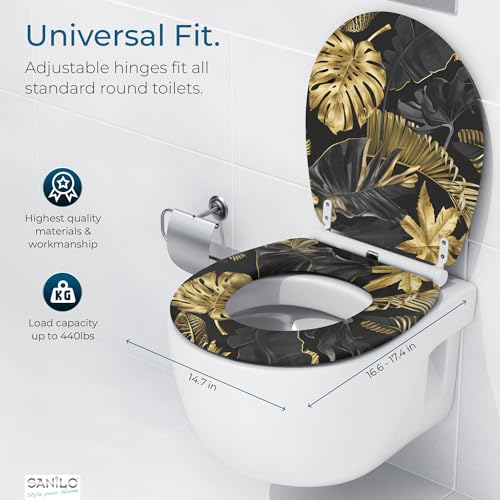 Image of Sanilo Wooden Toilet Seat with Quick Release & Soft Close [ROUND] - Decorative & Slow Close Molded Wood Seat - With One Click for Easy Installation & Cleaning - With Adjustable Fit (Golden Leaves)