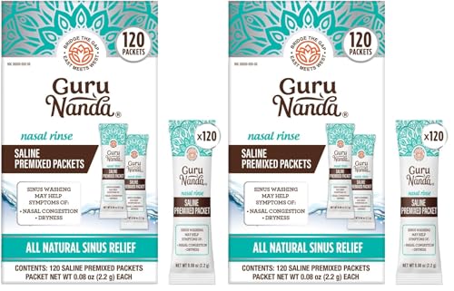 Image of GuruNanda PreMixed Saline Packets for Nasal Rinse,All Natural Sinus Rinse Packets to Help with Allergies & Congestion Relief,0.08oz Each,120 Count (Pack of 2)