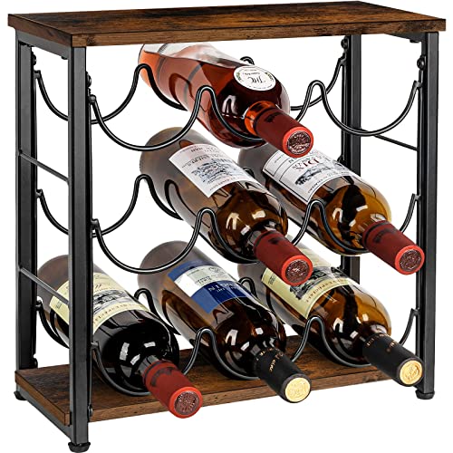 Brightever Wine Rack Countertop, Wood Wine Storage Cabinet Shelf, 3-Tier 9-Bottle Black Tabletop Wine Bottle Holder, Freestanding Wine Bottles Organizer, Wine Rack for Home Kitchen Pantry Bar