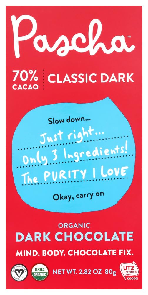 Pascha Organic Dark Chocolate Bars, 70% Cacao, UTZ, Gluten Free, Non GMO, 2.82 oz, Pack of 10