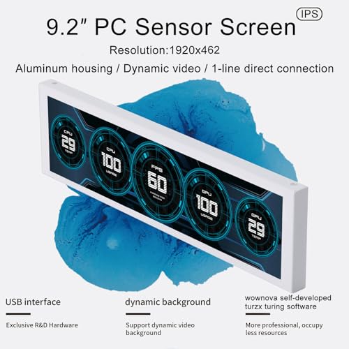 Image of WOWNOVA 9.2 inch LCD Screen Inside PC Case Computer Temp Monitor Screen, 1 Click 1 Cable to Get Started Quickly PC Temperature Display IPS Sensor Panel CPU RAM HDD Data FPS Mini Monitor (White)
