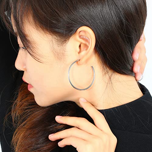 Big Pure Titanium Open C Hoop Earrings For Women 40Mm, Large Thin Open Hoop Earrings Plain Polished Tube Earring Charms, Lightweight Medical Grade Titanium Earrings Hypoallergenic For Sensitive Ear #TOP2