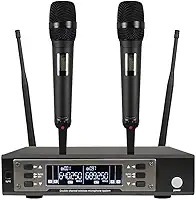 Sistema de Microfone Sem Fio UHF 630-690MHz com 2 Microfones de Mão Dinâmicos - Busca Automática, Alcance de 60m para Karaokê e Eventos