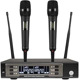Sistema de Microfone Sem Fio UHF 630-690MHz com 2 Microfones de Mão Dinâmicos - Busca Automática, Alcance de 60m para Karaokê e Eventos