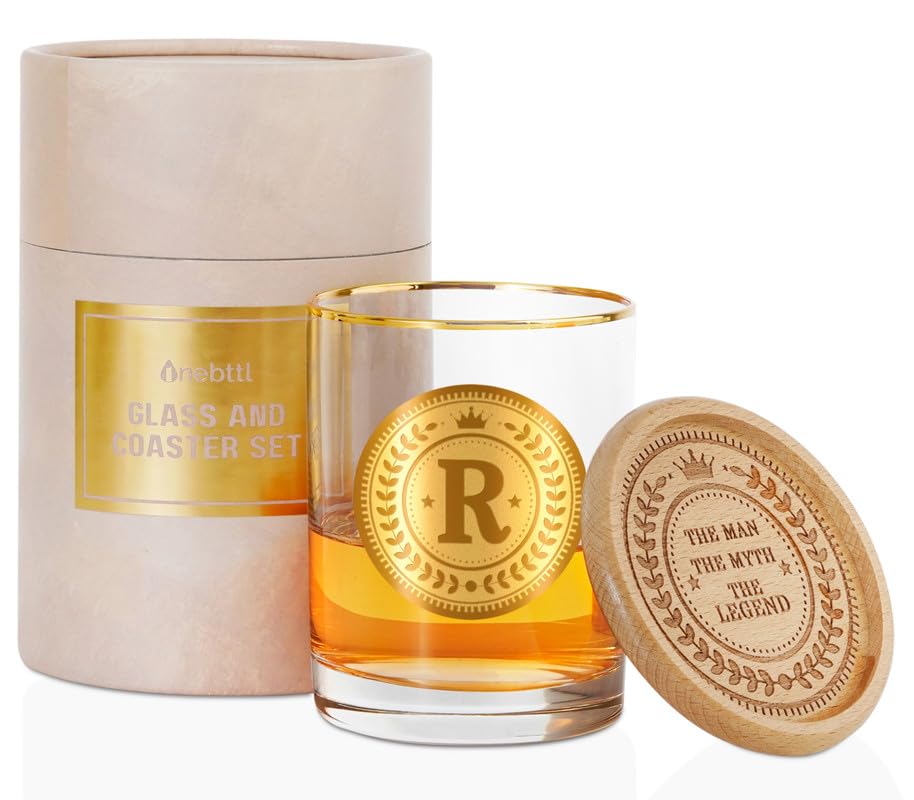 Bicchiere da whisky personalizzato con sottobicchiere per gli uomini, regali alcolici personalizzati per gli amanti del whisky, compleanno unico, regali di Natale per lui, papà, zio, R