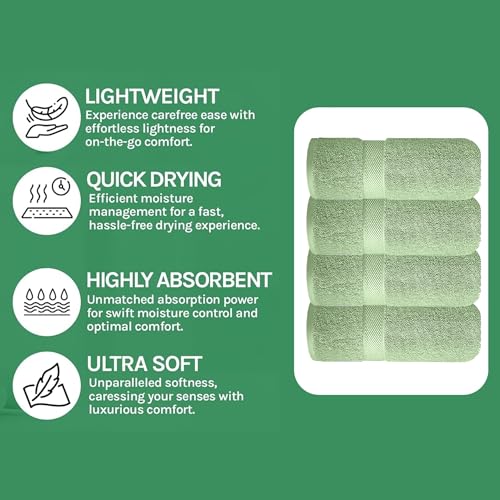 Image of Sulfar 100% Combed Cotton, Quick Drying Highly Absorbent Thick Bathroom Towels, Luxury Bath Towel Set (Pack of 4, 70 X 140 cm) - 600 GSM (Nature Green)