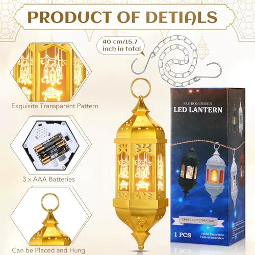 Linternas de Ramadán Threan pack de 4 farolillos LED hexagonales colgantes dorados para hogar 4
