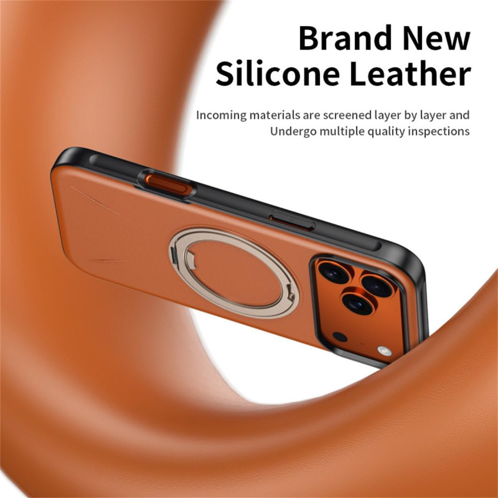 Wytrzymała silikonowa obudowa magnetyczna ze skóry z uchwytem na telefon do iPhone'a 17 16 15 Pro Max 17 Air 16 15 Plus z ładowaniem bezprzewodowym, odporna na wstrząsy, pomarańczowa, do iPhone'a