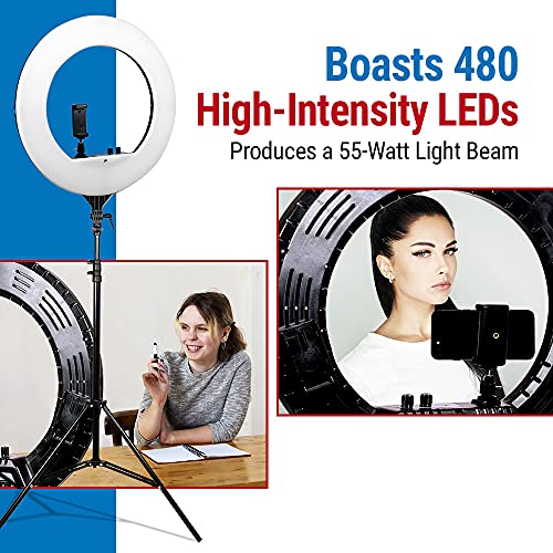 حلقية إضاءة ليد RL-18 مقاس 46 سم مع حامل وحافظة 55 وات قابلة للتعتيم 3200-5600 كلفن بألوان متغيرة متوافقة مع معظم الكاميرات والهواتف الذكية مثالية للتصوير الفوتوغرافي المباشر من فيد برو