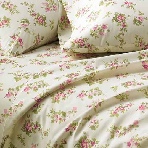 Image of Laura Ashley - Flannel Sheets King Size, Anti-Pilling & Wrinkle Resistant Cotton, Touchably Soft for All-Season Comfort - Bed Sheets with Matching PIllowcases & Fitted Sheet (Audrey Pink)