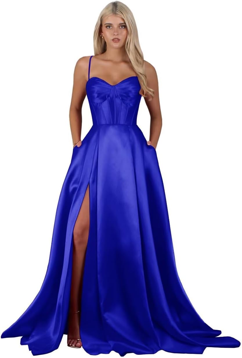 Spaghetti Straps Satin Prom Dresses with Slit A Line Long Formal Evening Party Gowns with Pockets